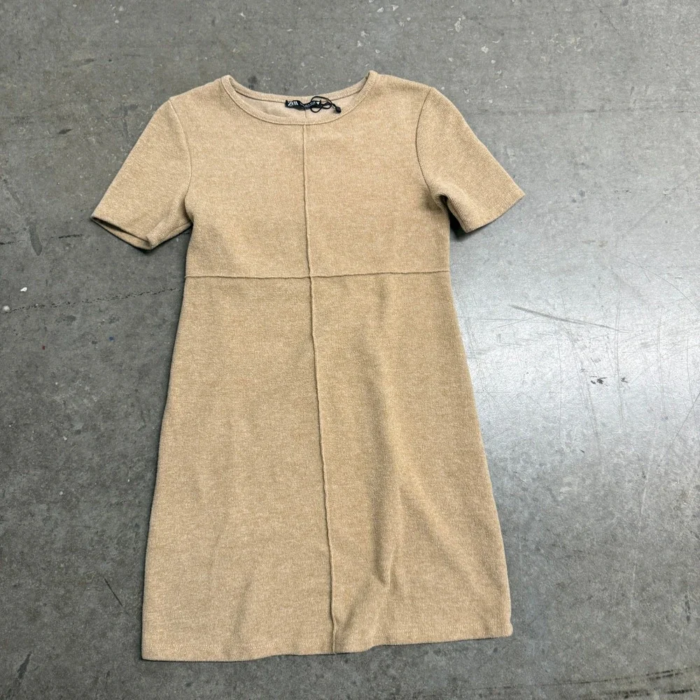 Zara Womens Tan Knit Short Sleeve Mini Dress‎ Exposed Seam Detail Size Small